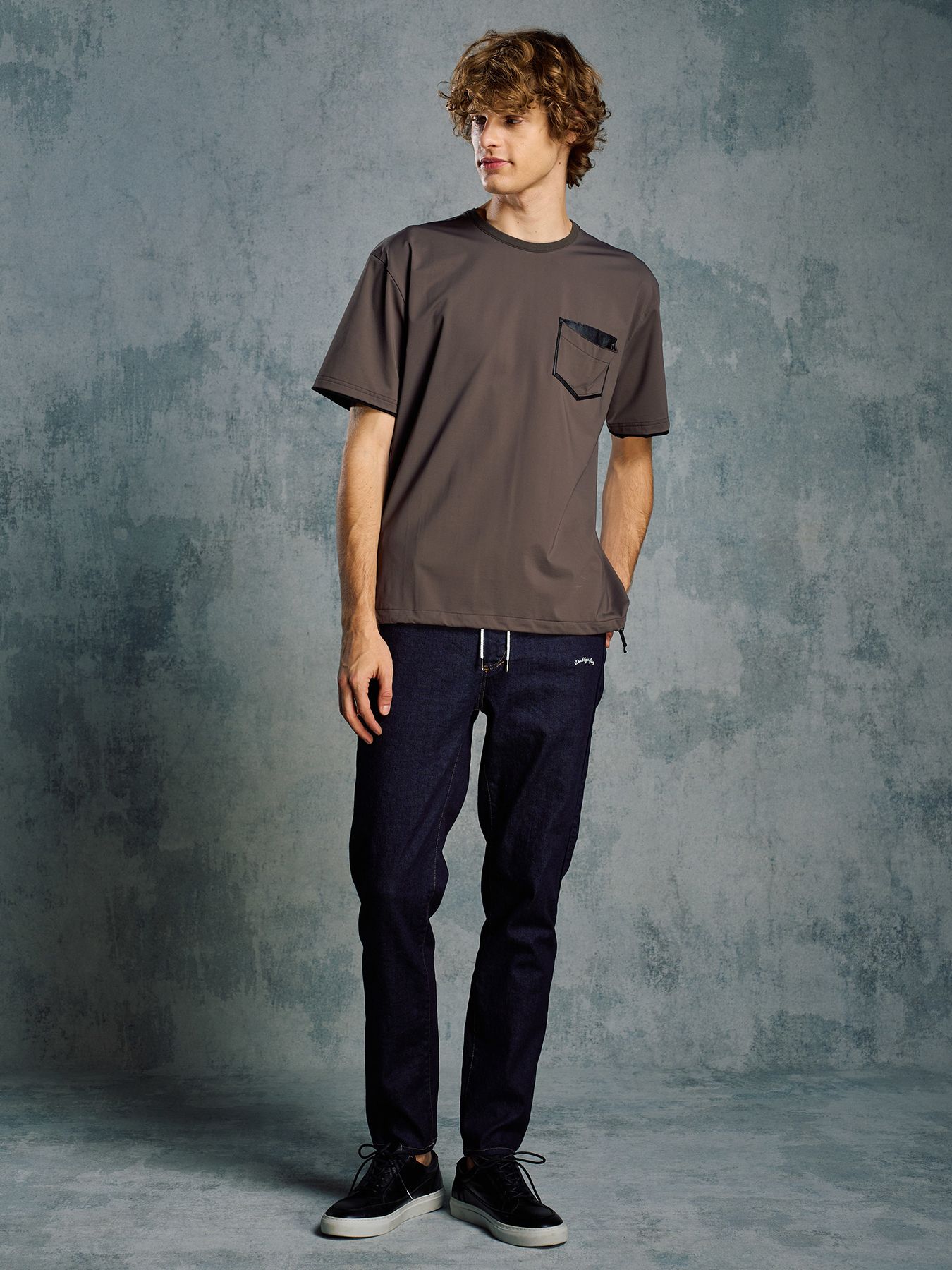 【予約品 1月25日(日) 締切】drawstring leather pocket S/S / ドローストリング レザーポケット ショートスリーブ / チャコール