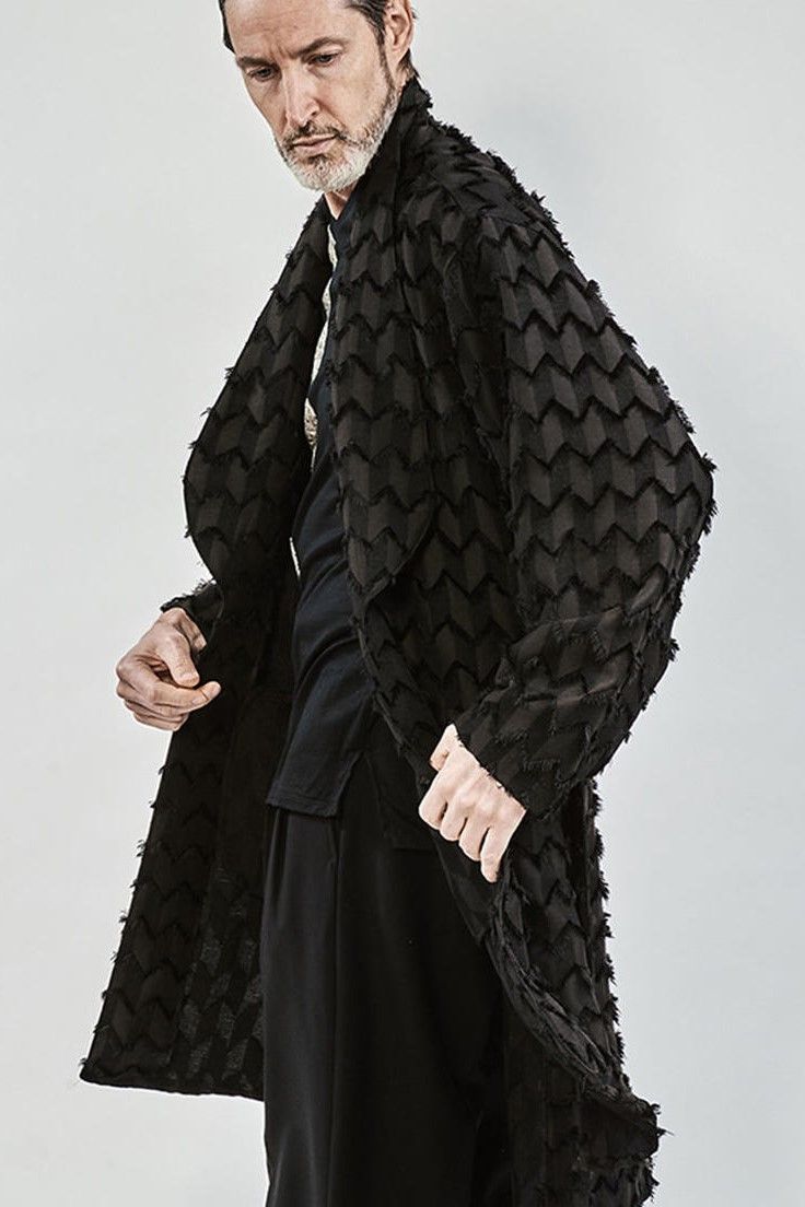 Fringe cut jacquard shawl collar shirt gown / BLACK 【ys Yuji SUGENO】
