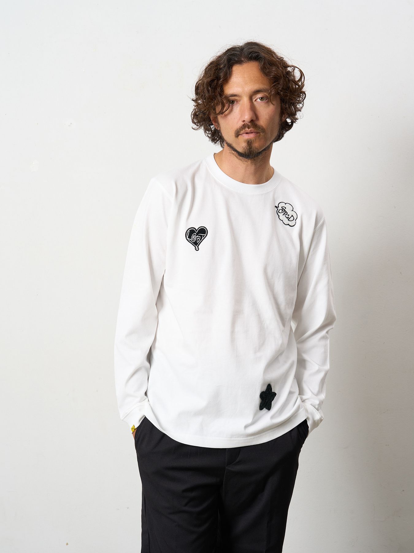 【予約品 5月8日(木) AM10時 締切】 5.6ozコットン天竺 CREATE YOUR OWN LUCK&マルチパッチワーク LS Tシャツ / ホワイト