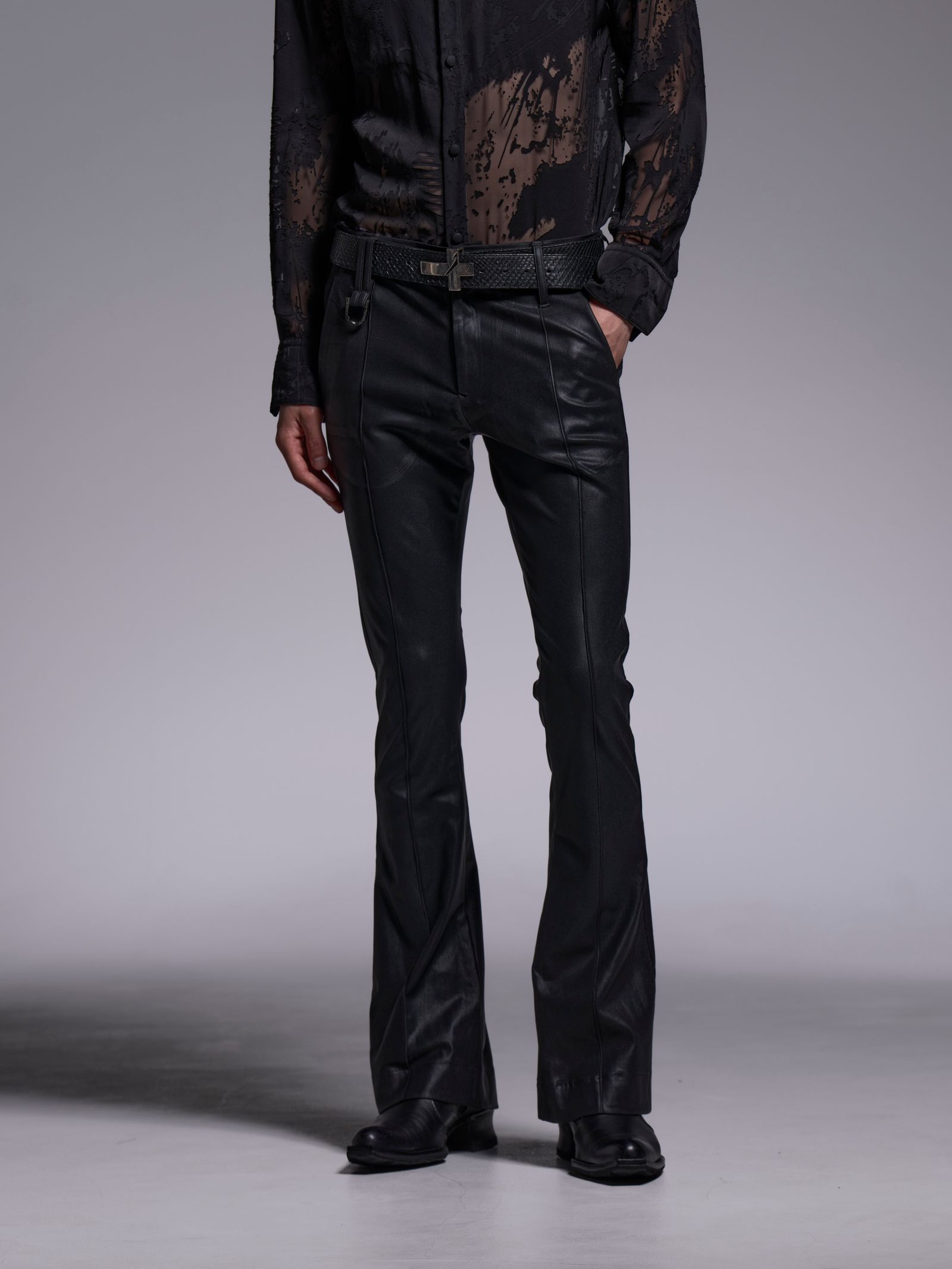 【予約品 1月4日(日) 締切】Coating Flare Skinny Slacks / コーティング フレアスキニースラックス / ブラック