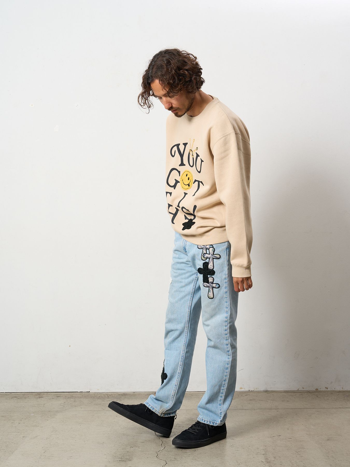 【予約品 5月8日(木) AM10時 締切】 TC裏毛起毛 YOU GOT THIS マルチパッチワークスウェットシャツ / ベージュ