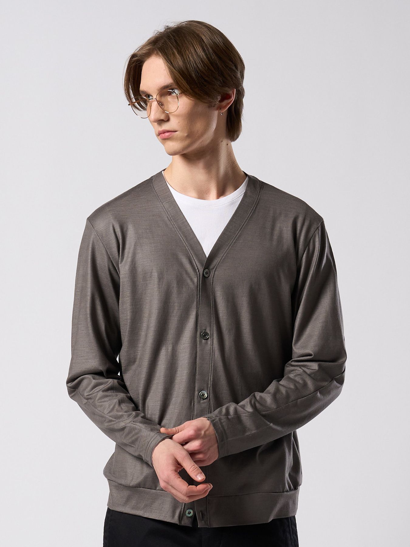 【予約品 4月19日(日) 18時締切】ex.comfy wool middle cardigan / メリノウールジャージー カーディガン / スチールグレー