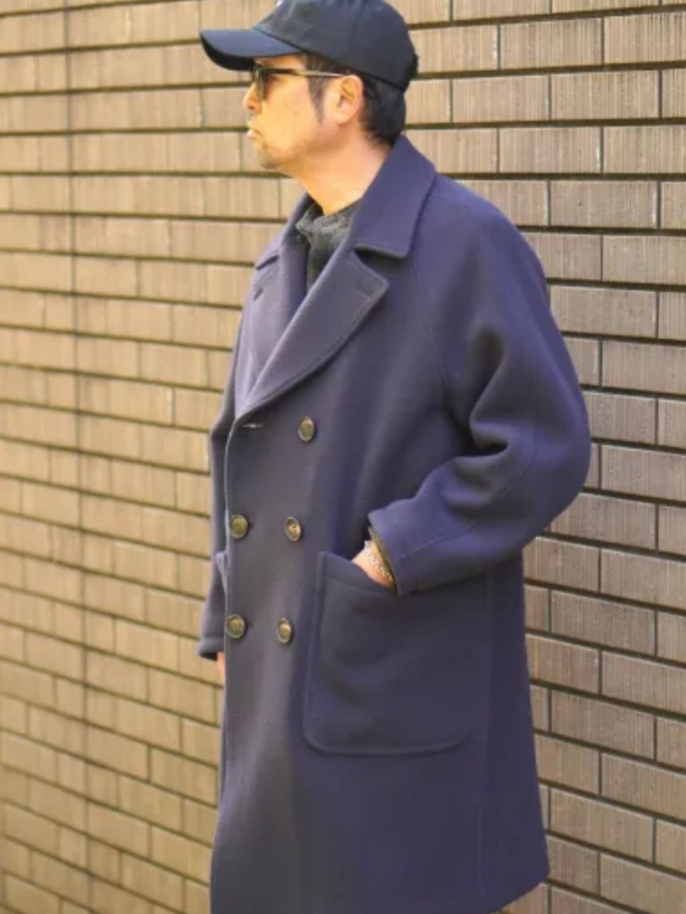 ウールモッサダブルオーバーコート NAVY 裏地ボアファー