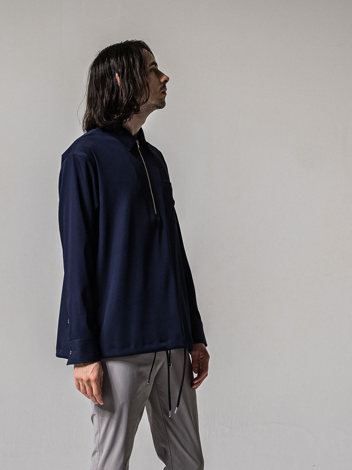 【予約品 11月16日(日) 締切】PULL OVER SATIN SHIRT / ジッププルオーバー サテンシャツ / ネイビー