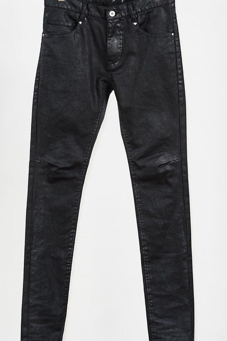 PU coating processing twin power skinny denim pants / BLACK
