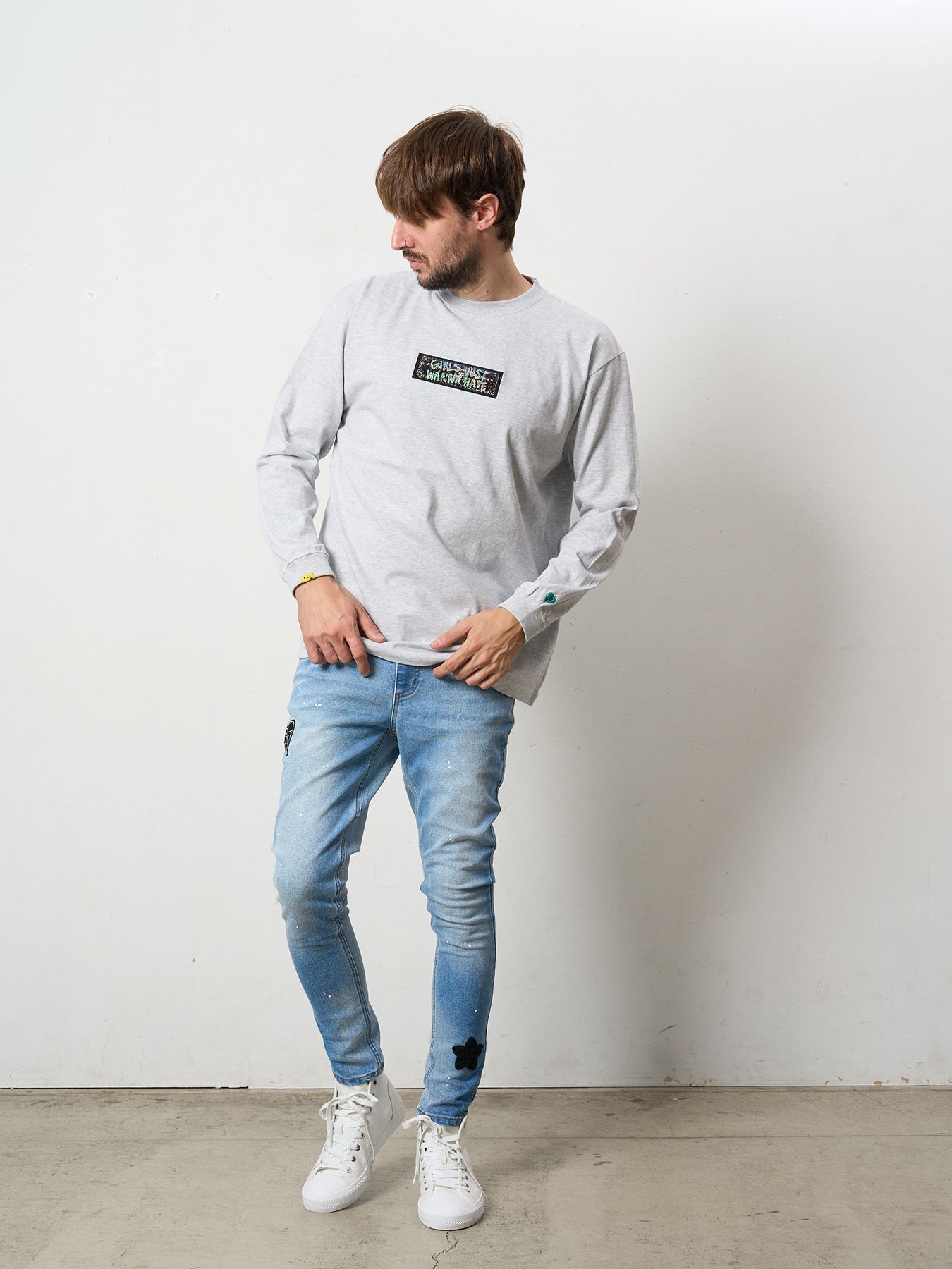 【予約品 5月8日(木) AM10時 締切】 5.6ozコットン天竺 スターグラムハート＆シークインLS Tシャツ / アッシュ