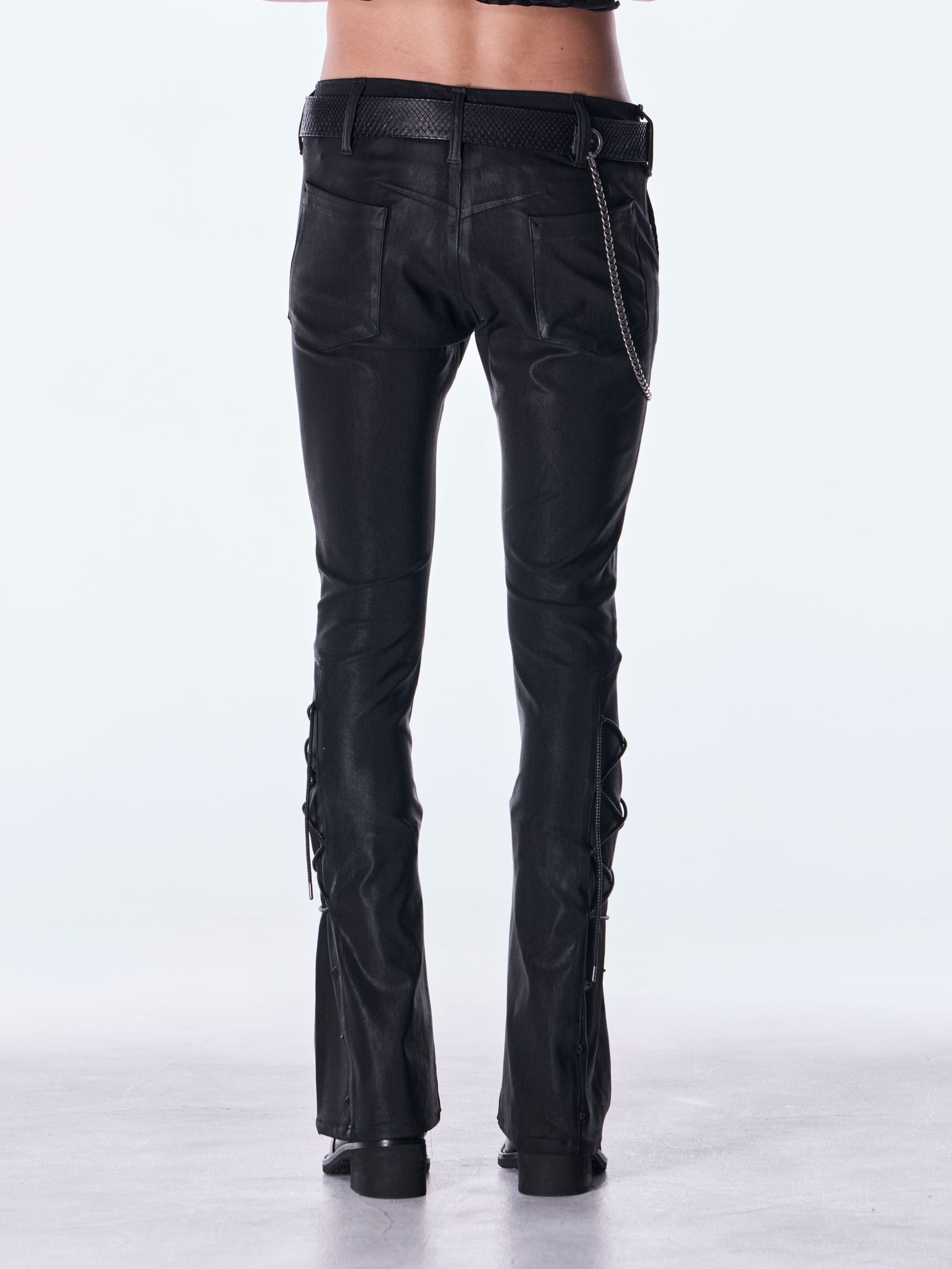 【予約品 6月29日(月) 締切】Coating High Tension Jersey Lace Up Flare Pants / コーティング レースアップ フレアパンツ / ブラック