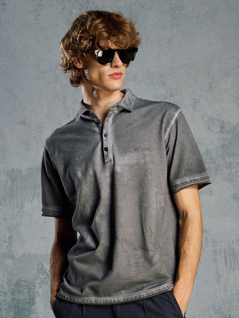 【予約品 】muta × wjk collection：cut-off polo S/S (printed) / カットオフ ポロ ショートスリーブ / ダークグレー