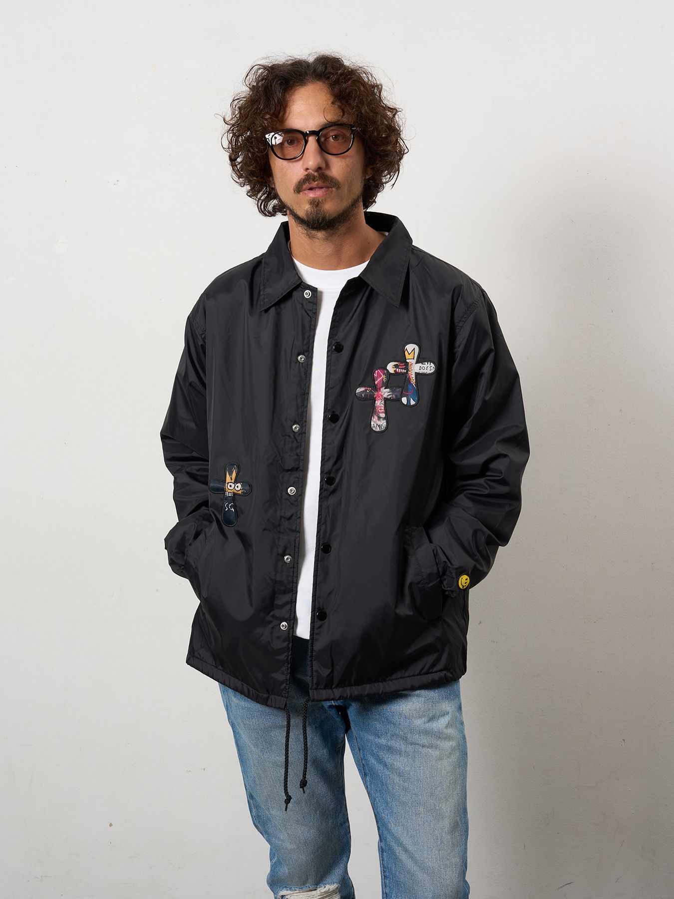 【予約品 10月16日(木) 締切】STYLE STYLE ドリップスタークロスパッチ ナイロン コーチジャ オーセンティックパイル ウェービーロゴ スマイル ケット / ブラック