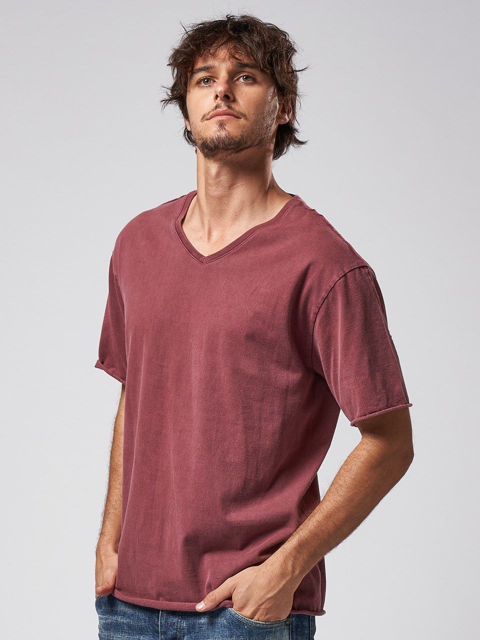《予約品》 wide cut-off V-neck S/S / VネックTシャツ / ダークピンク