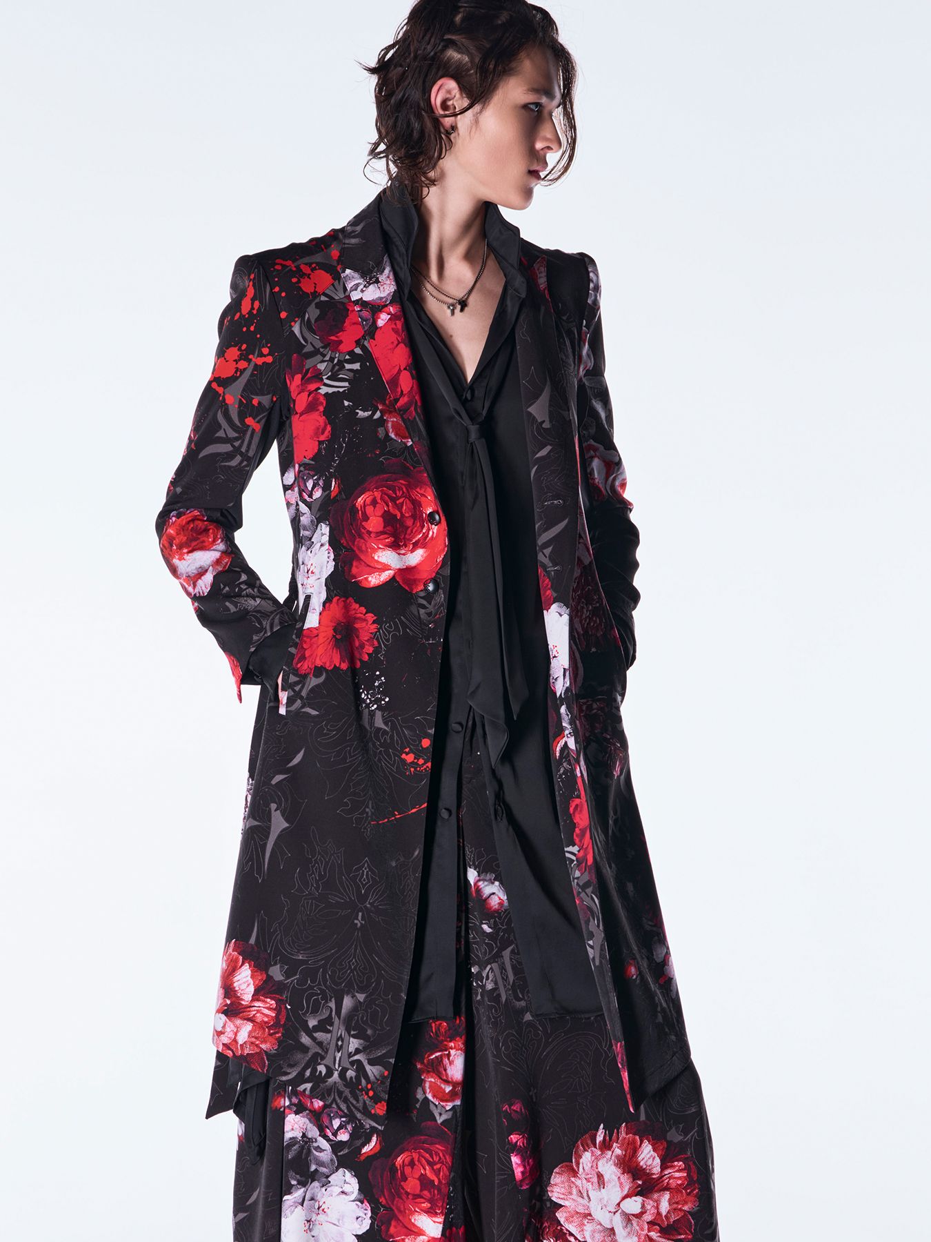 【予約品 6月29日(月) 締切】Goth Flora Suede Satin Flare Jacket / フレアジャケット / ブラック