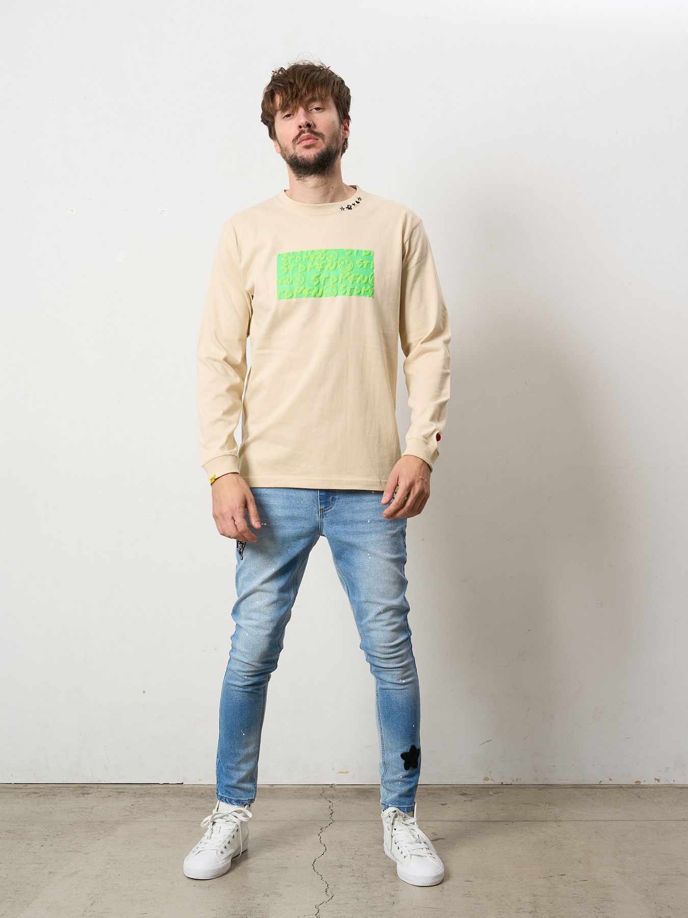 【予約品 5月8日(木) AM10時 締切】 5.6ozコットン天竺 ボックスロゴ発泡プリントLS Tシャツ / ベージュ
