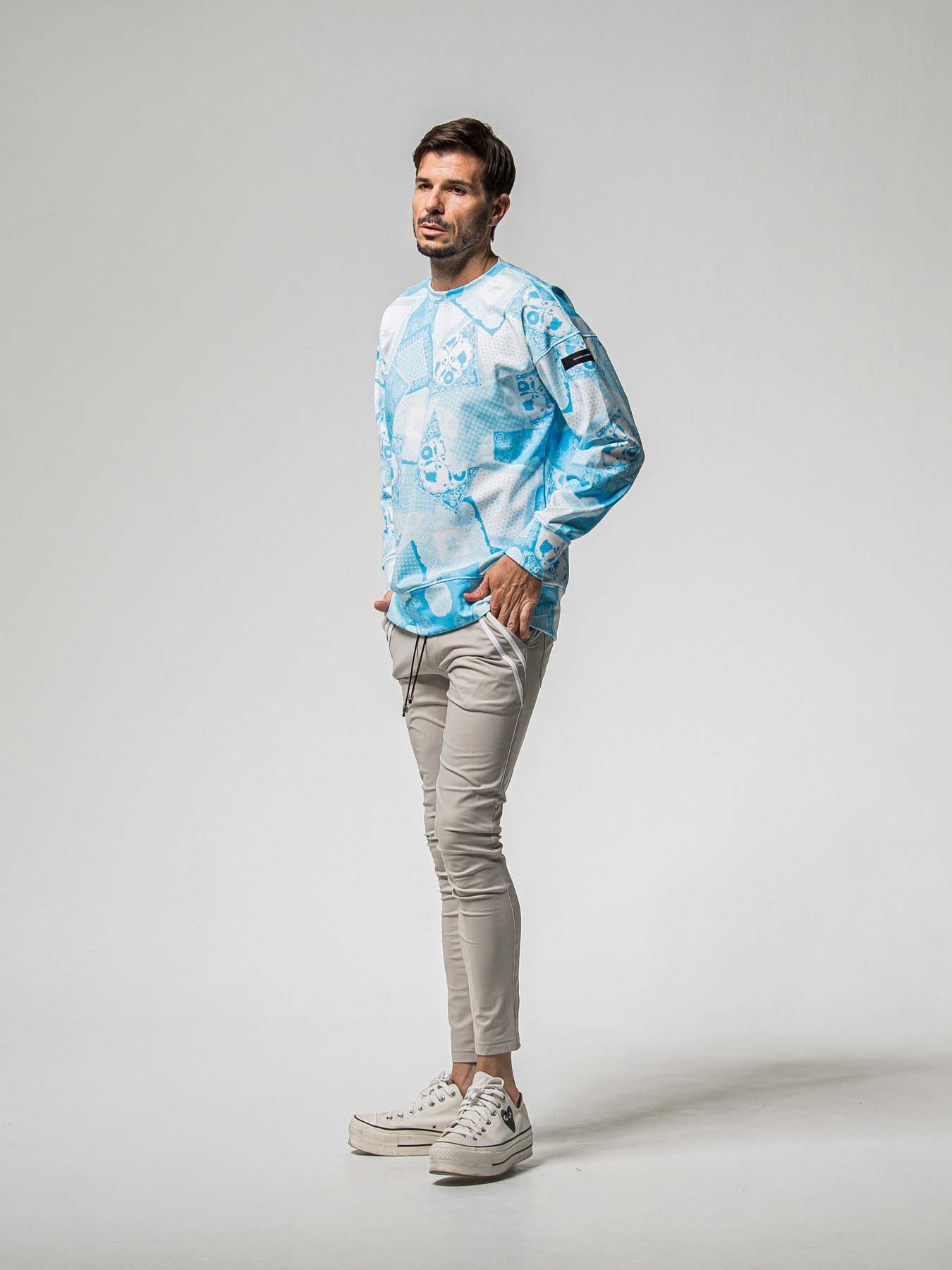 【予約品 8月31日(日) 締切】PAISLEY BACK FLEECE DROP TRAINER / ペイズリー バックフリース ドロップショルダートレーナー / ブルー