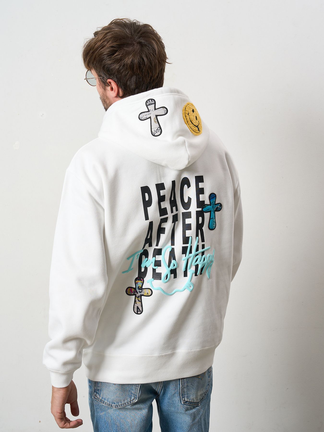 【予約品 5月8日(木) AM10時 締切】 TC裏毛起毛 PEACE AFTER DEATH&マルチパッチワーク プルパーカー / ホワイト