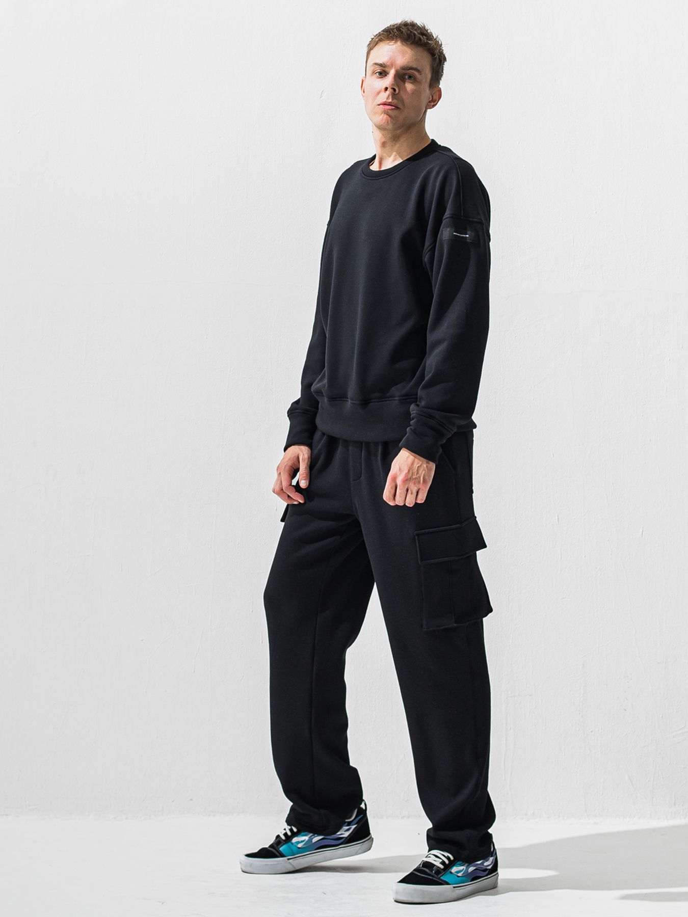 【予約品 9月6日(日) 締切】PIN ST RC VELOURS FLEECE DROP TRAINER / ピンストライプロゴ 裏起毛 ルーズトレーナー / ブラック