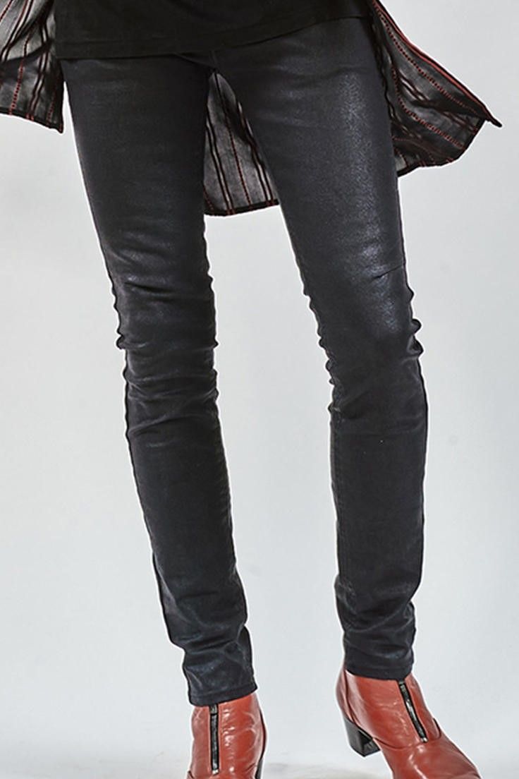PU coating processing twin power skinny denim pants / BLACK