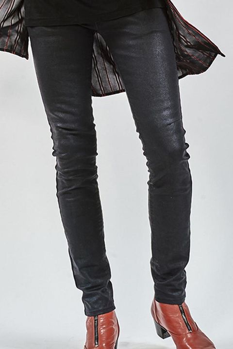 PU coating processing twin power skinny denim pants / BLACK