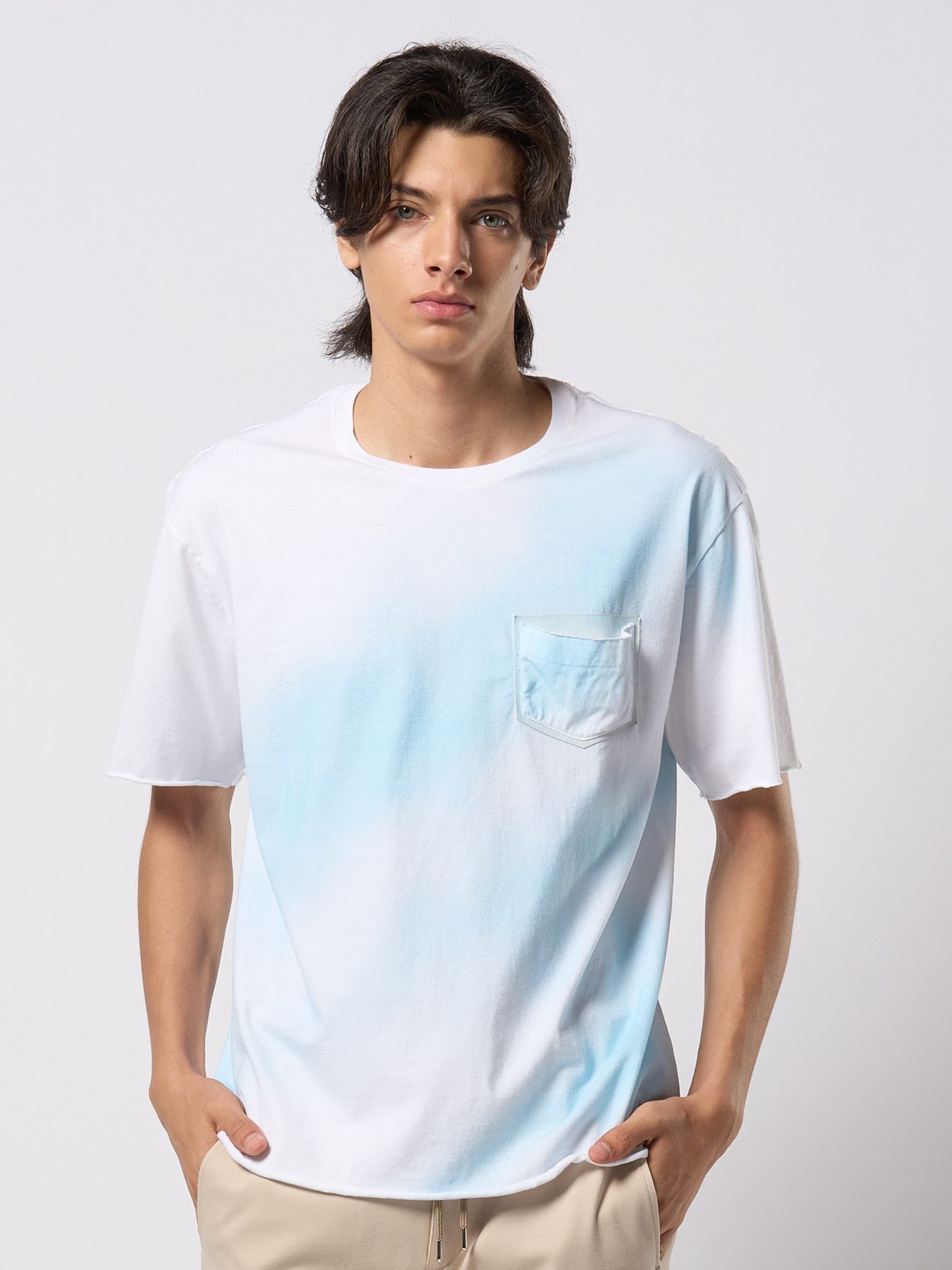 【予約品 9月23日(火) 締切】spray dye leather pocket-T / スプレーダイ レザーポケットTシャツ / ホワイト×ブルー