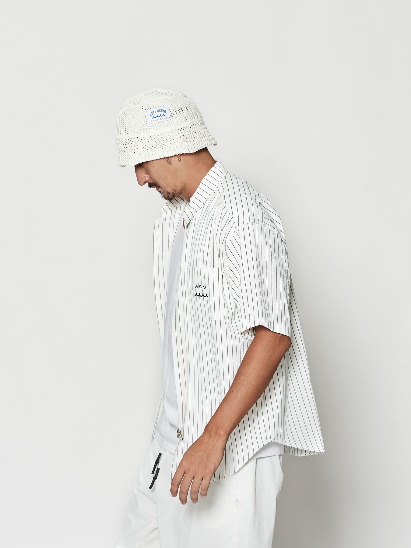 【予約品 10月9日(木) 締切】muta Dot Air(R) Zip Up S-S Shirt / ZIP半袖シャツ / ホワイトストライプ【Acanthus × muta MARINE】