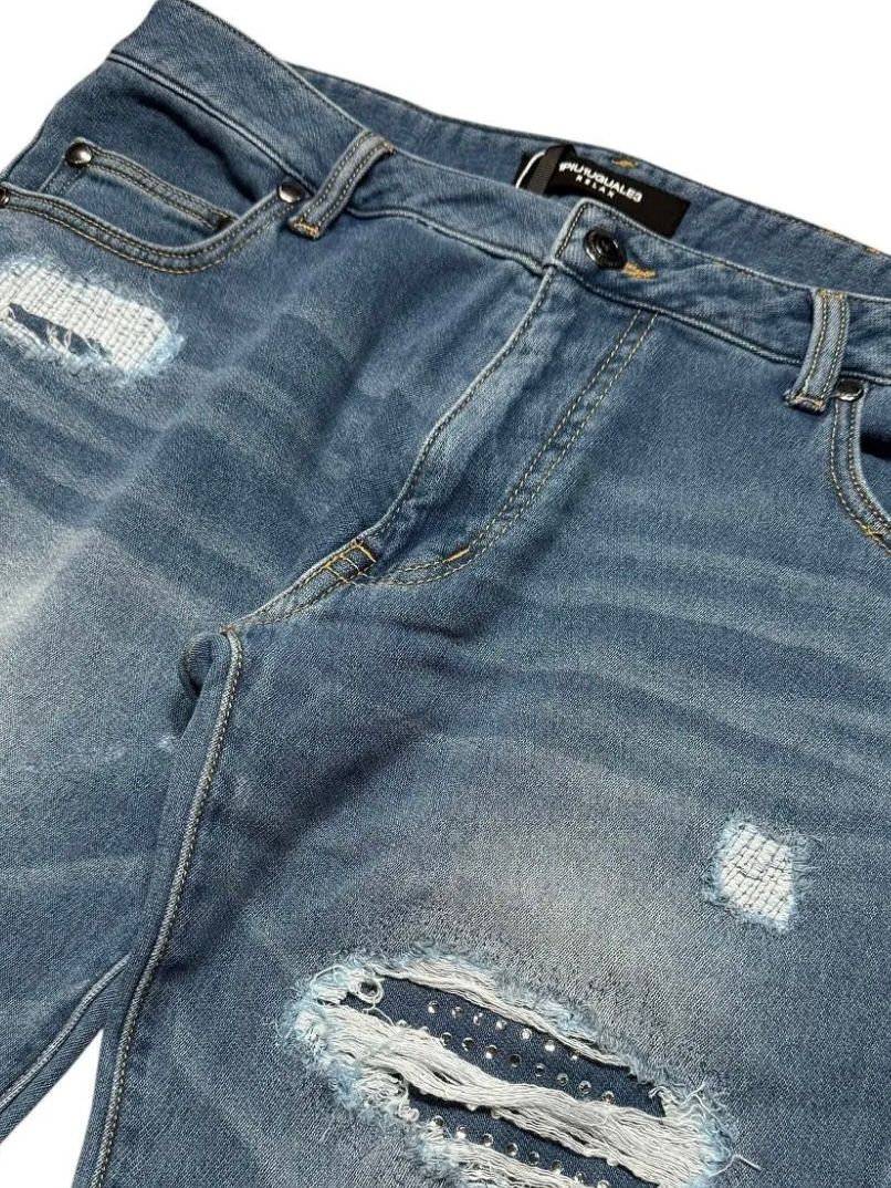 DAMAGED JOG RHINESTONE 5-POCKET PANTS (INDIGO / インディゴ【1PIU1UGUALE3 RELAX 】