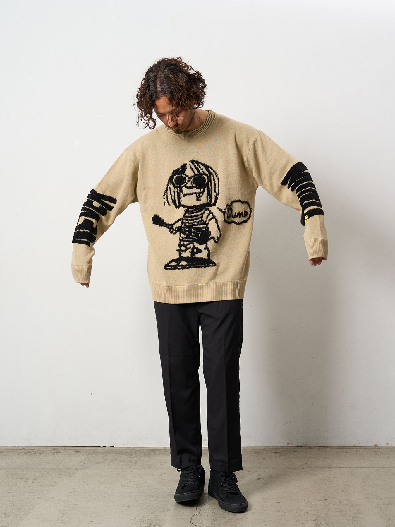 【予約品 】 アクリルコットン- モールヤーンカートイラスト 立体ダブルジャガード プルオーバー / ベージュ