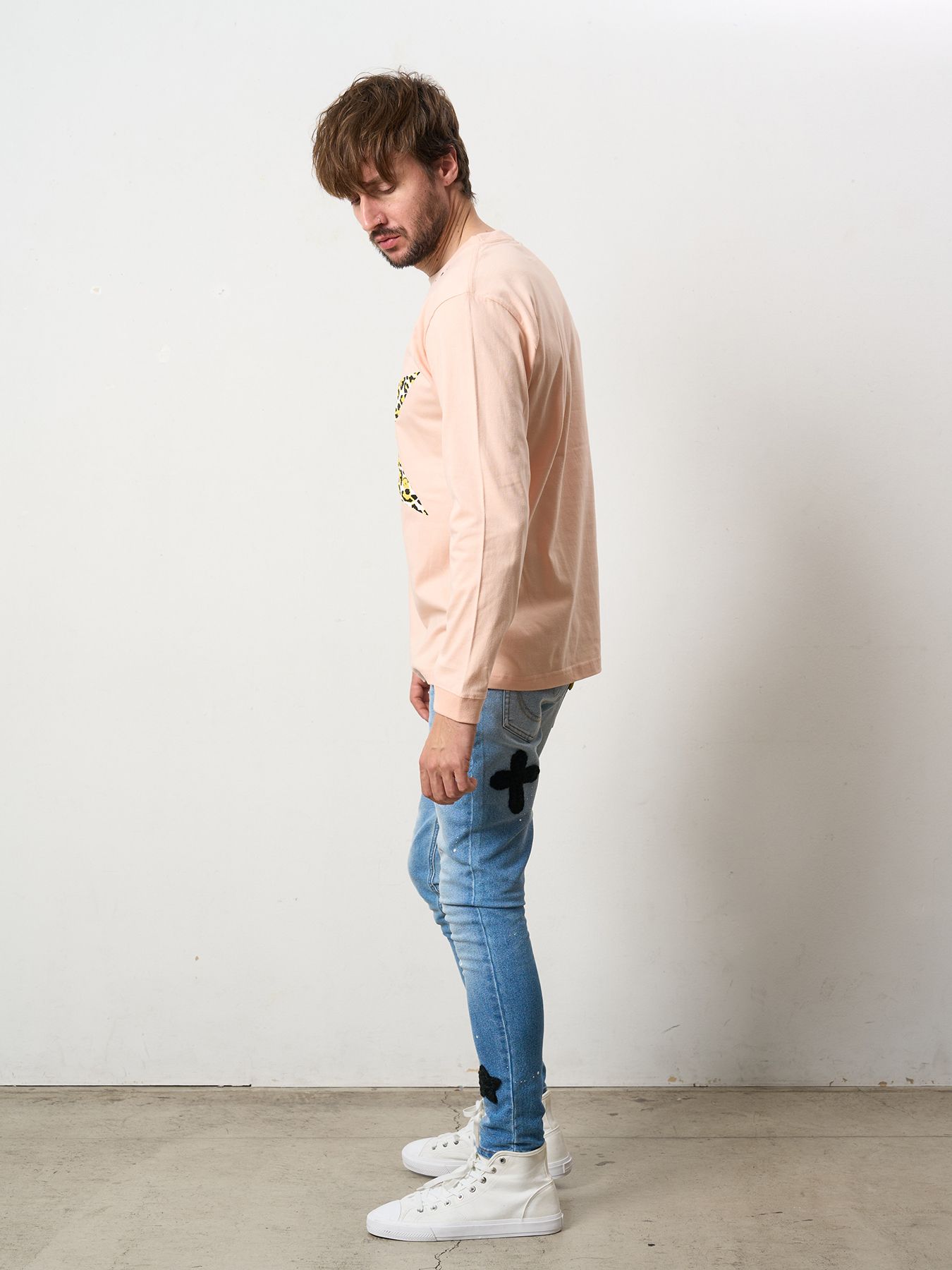【予約品 5月8日(木) AM10時 締切】 5.6ozコットン天竺 レオパードスタースマイル発泡プリント LS Tシャツ / ペールピンク