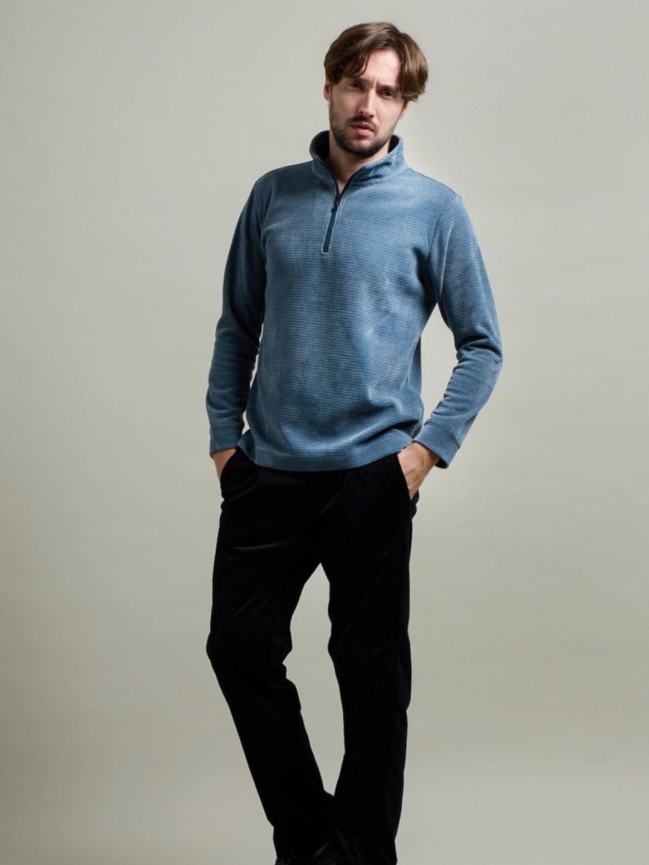 モールブロックチェックスタンドハーフジッププルオーバー / ブルー【HIDEAWAYS BLACK】