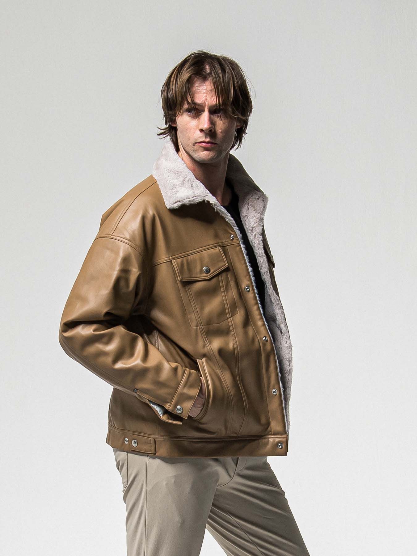 【予約品 8月31日(日) 締切】LEATHER FUR OVER G / レザーファーオーバーGジャケット / キャメル