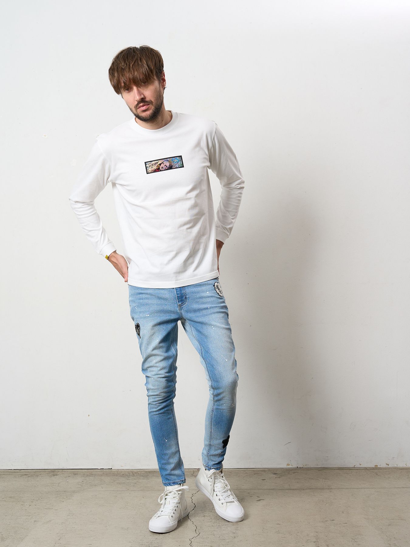 【個性派】Tapered Denim Pants パッチワーク ストレッチ Unisex Patchwork denim skater jeans denim casual pants ユニ