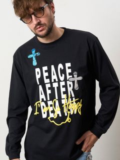 【予約品 5月8日(木) AM10時 締切】 5.6ozコットン天竺 PEACE AFTER DEATH&クロスパッチワーク LS Tシャツ / ブラック