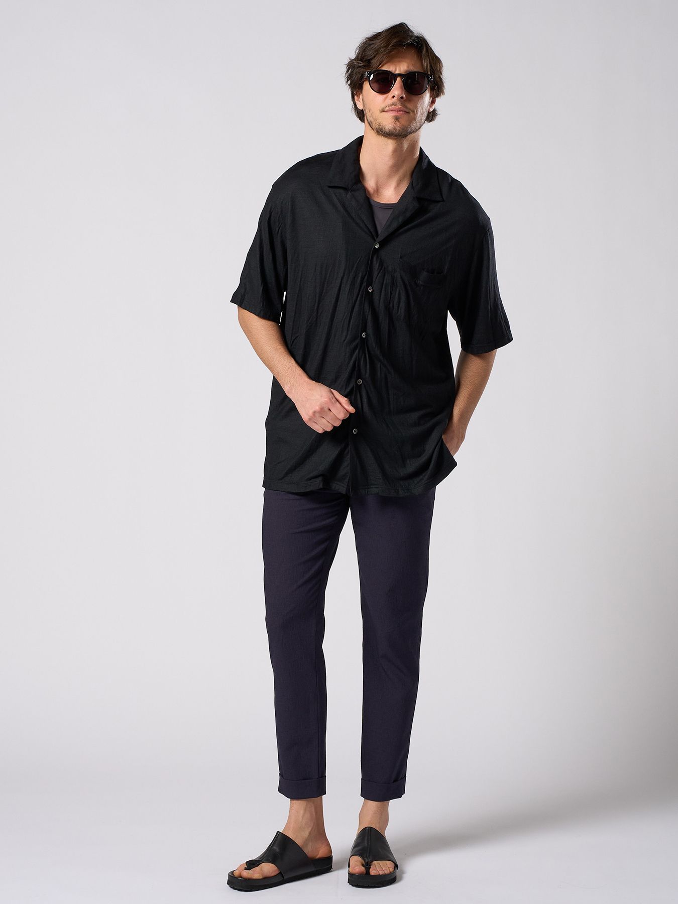 【予約品 1月25日(日) 締切】ex.comfy wool open collar shirt / サマーウール オープンカラーシャツ / ブラック