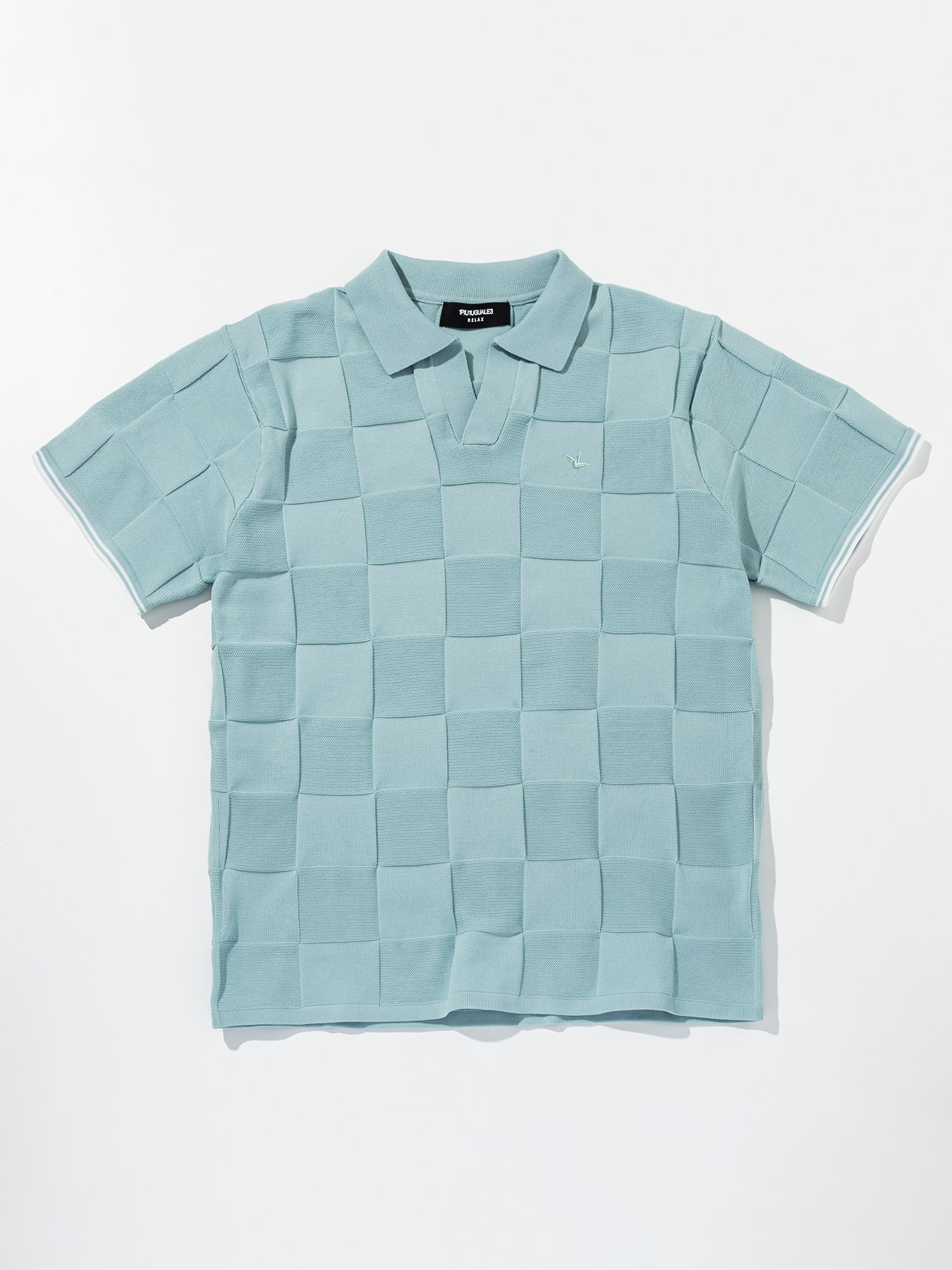 ブロックニット半袖ポロシャツ / サックス