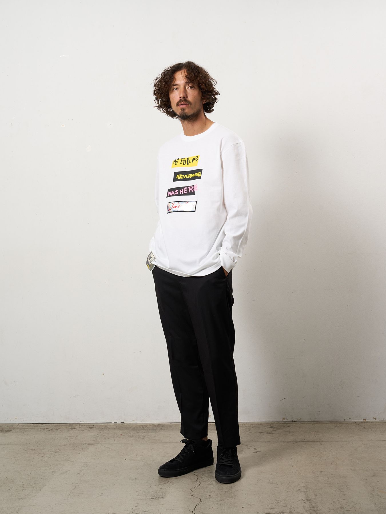 【予約品 10月16日(木) 締切】5.6ozコットン天竺 タイトルボックスシークイン LSシャツ / ホワイト