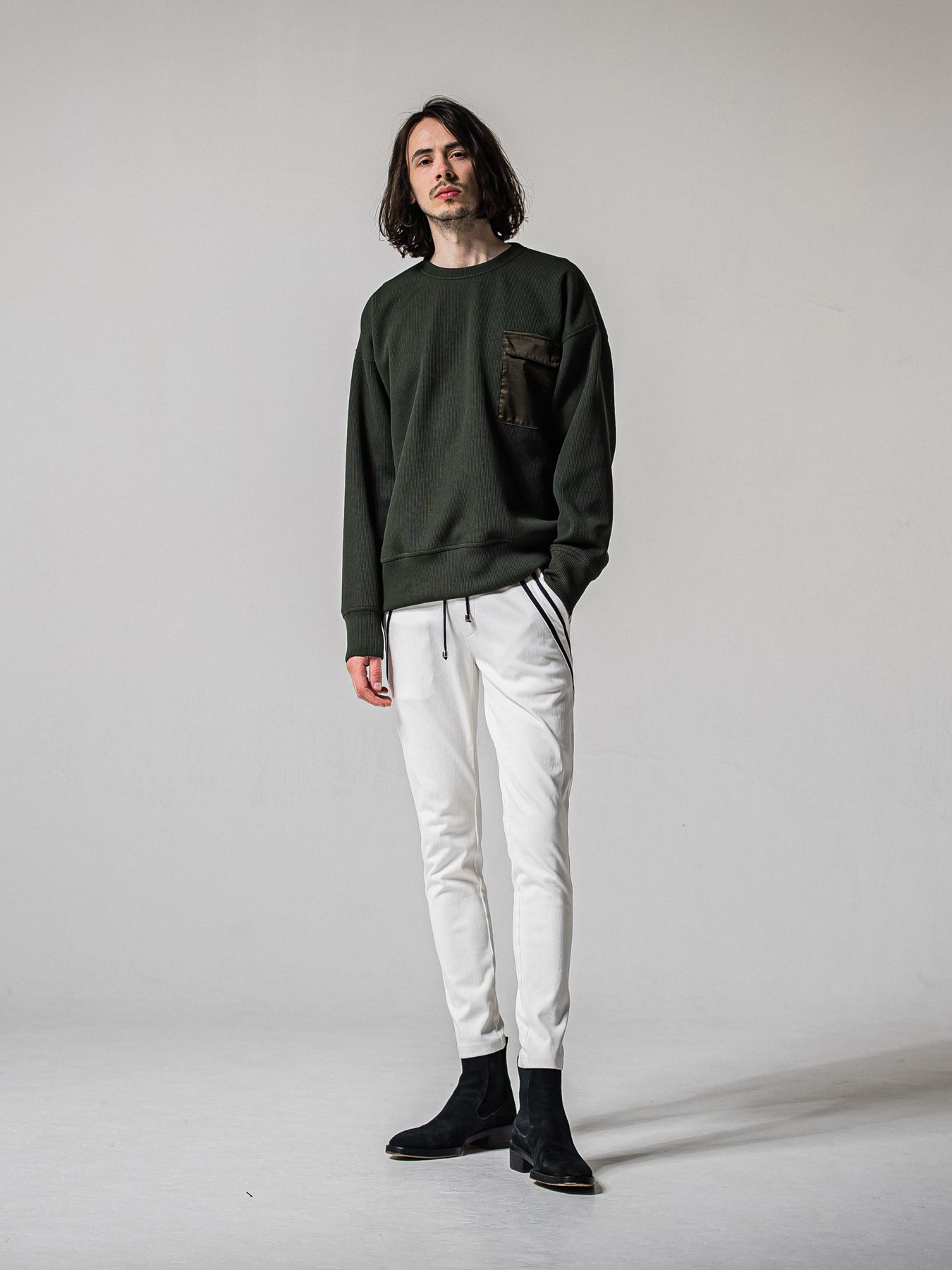 【予約品 11月16日(日) 締切】AZE MILITARY DROP TRAINER / 畔編みニット トレーナー / カーキ