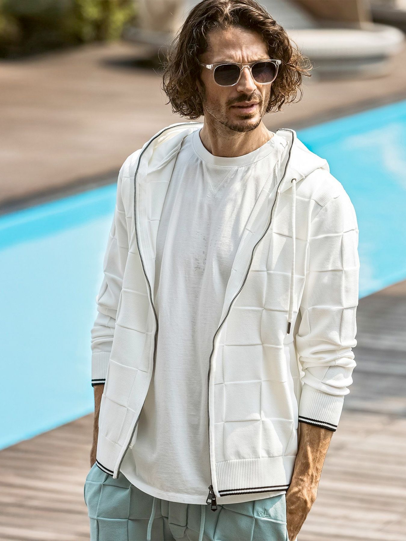 ブロックニットジップアップフーディー / ホワイト