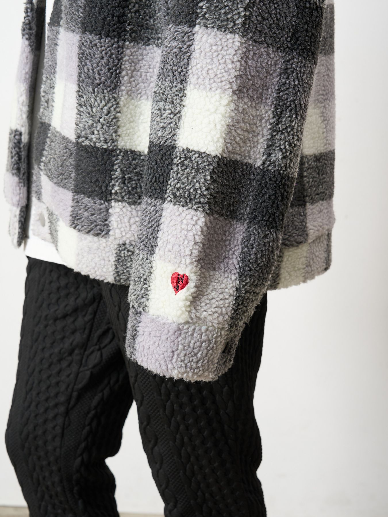 【予約品 】 ブロックチェックムックボア サガラパッチワークブルゾン / M.グレー