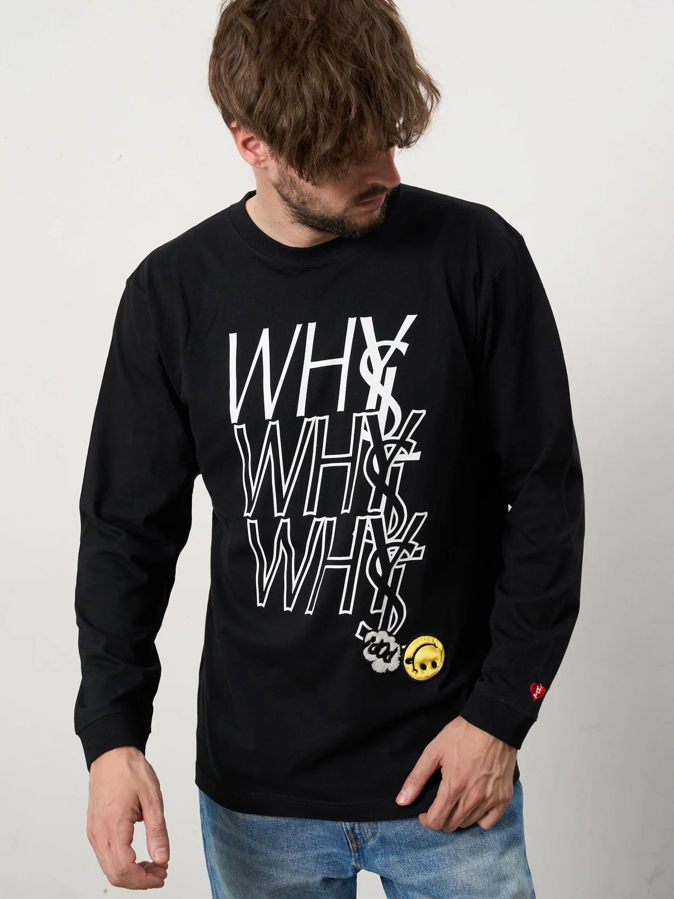 5.6ozコットン天竺 WHYSL/サガラパッチワーク LS Tシャツ / ブラック