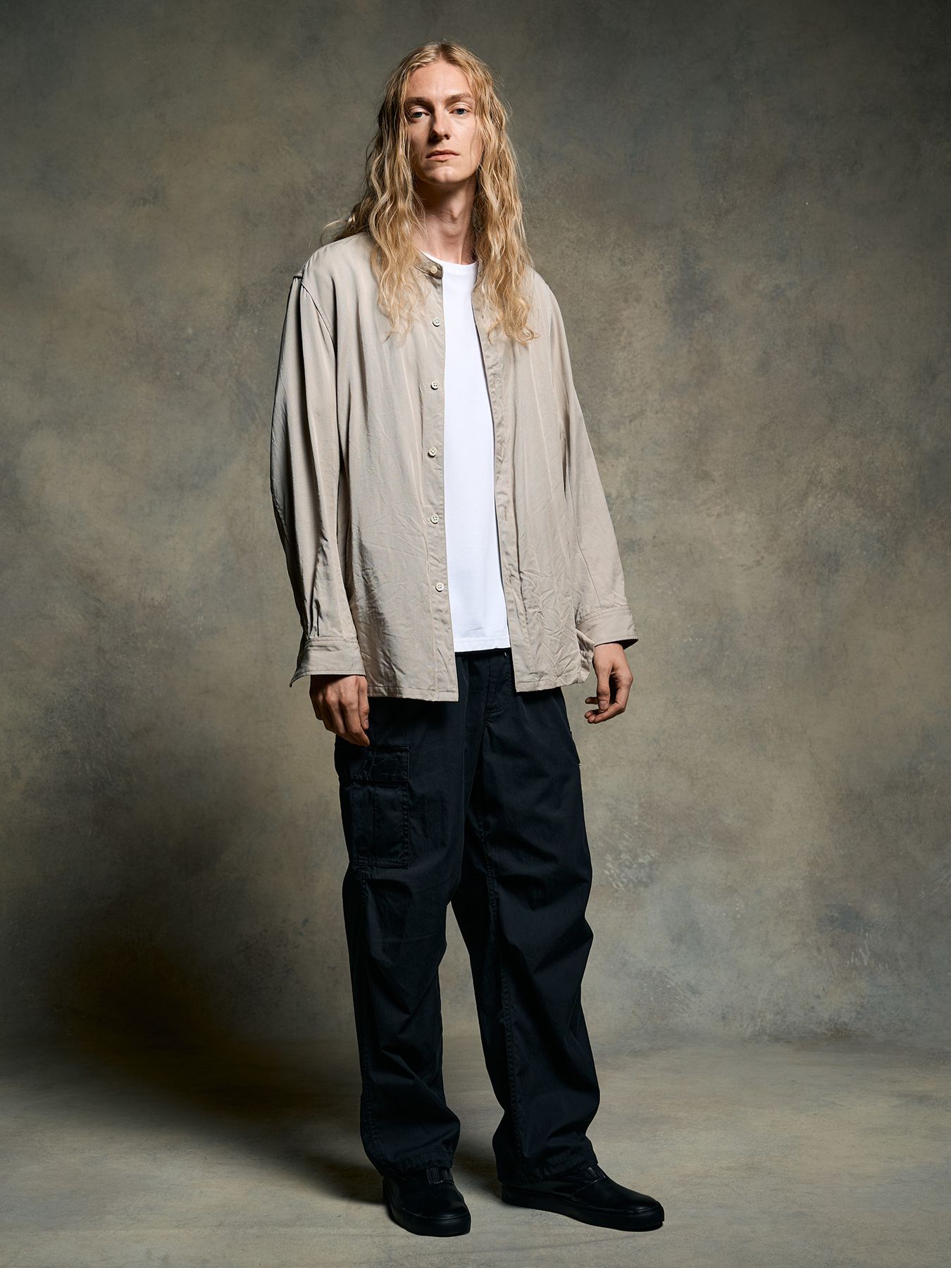 【予約品 9月23日(火) 締切】band collar shirt coat / バンドカラー シャツコート / グレージュ