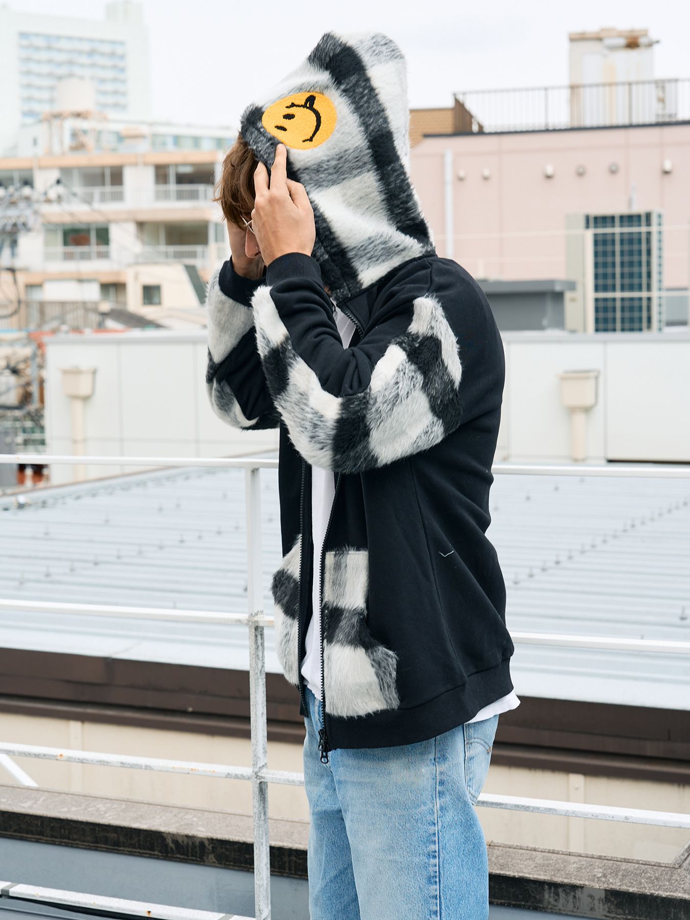【予約品 5月8日(木) AM10時 締切】 ヘビーウエイト裏毛パイル-シャギーチェックサガラパッチワーク ビックジップワイドパーカー / ブラック