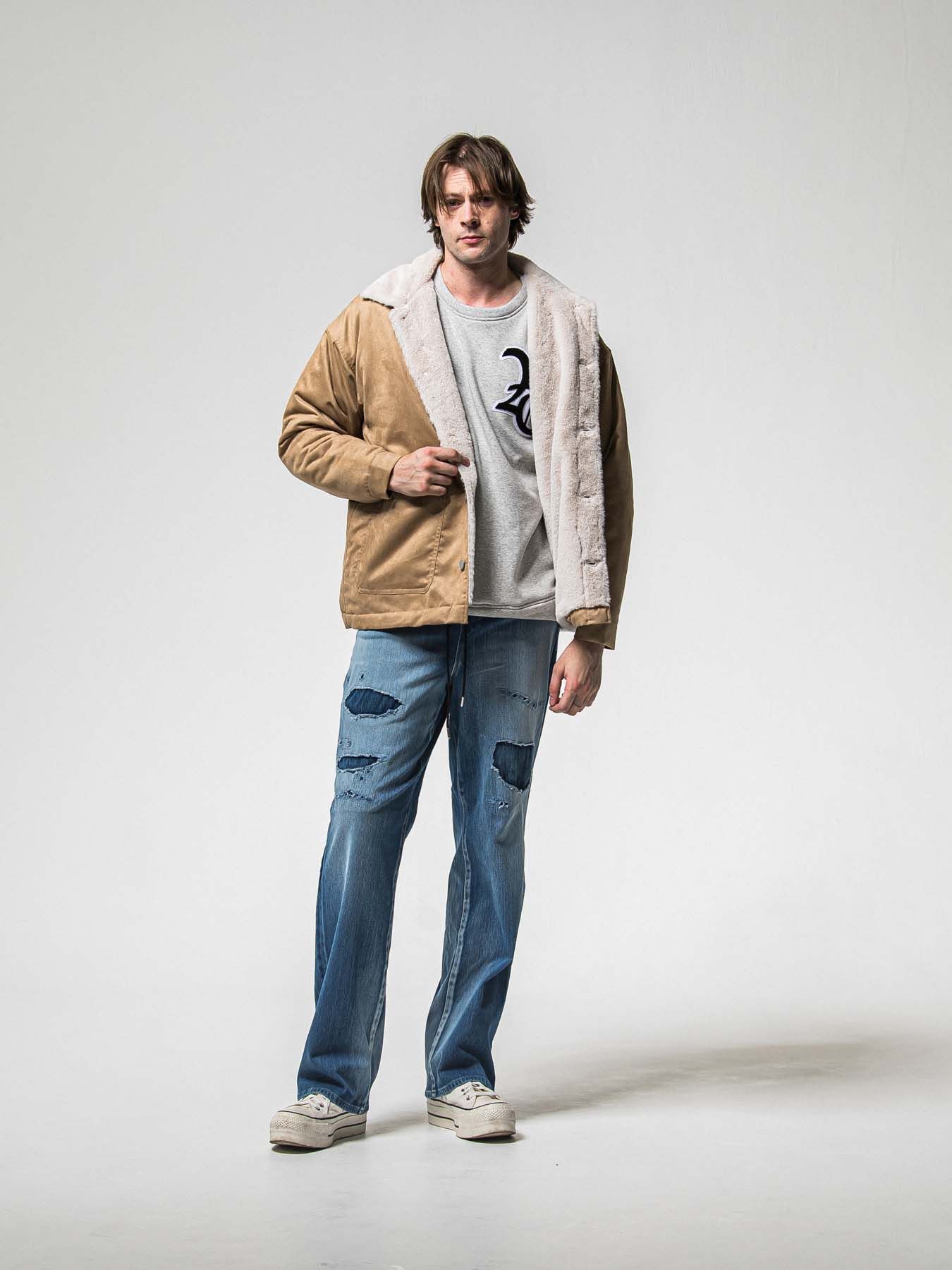 【予約品 8月31日(日) 締切】RC CHENILLE VELOURS FLEECE DROP TRAINER / RCサガラ刺繍ワッペン ベロアフリース ドロップショルダートレーナー / グレー