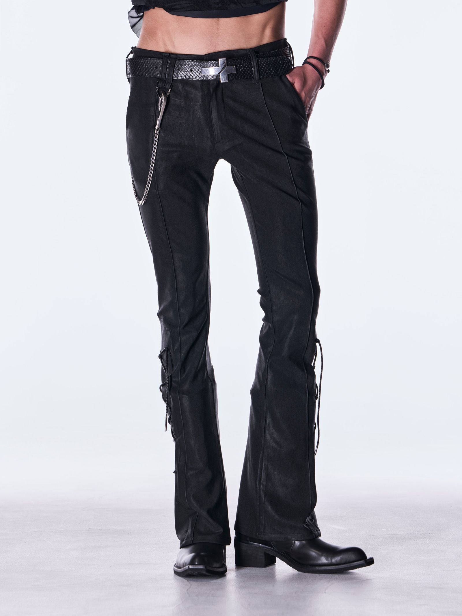 【予約品 6月29日(月) 締切】Coating High Tension Jersey Lace Up Flare Pants / コーティング レースアップ フレアパンツ / ブラック