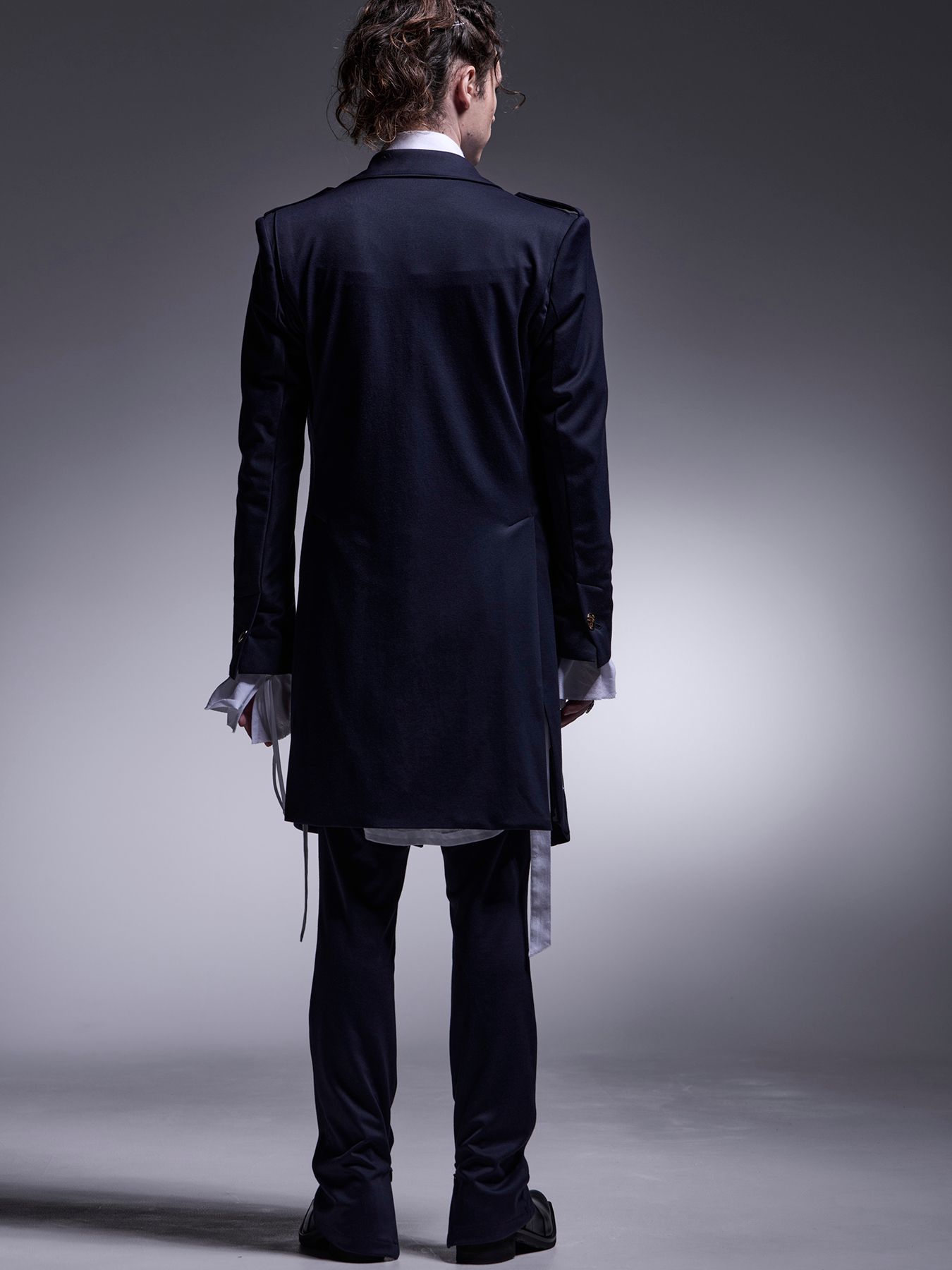 【予約品 7月13日(日) 締切】Epaulet Peaked Long Jacket / エポーレット ピークドラペル ロングジャケット / ネイビー