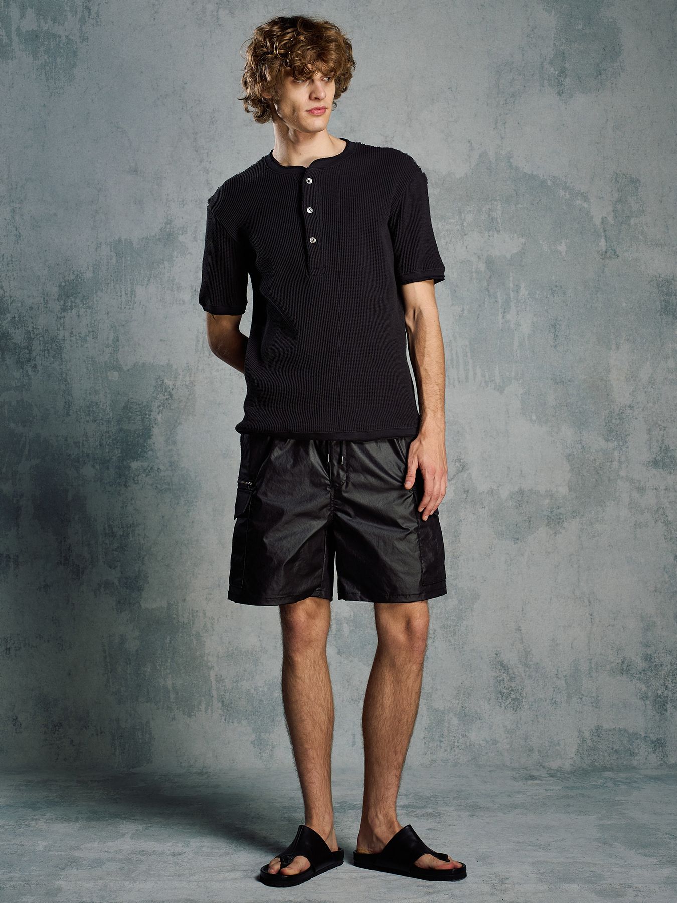 【予約品 1月25日(日) 締切】waffle henley S/S / ワッフルヘンリー ショートスリーブ / ブラック