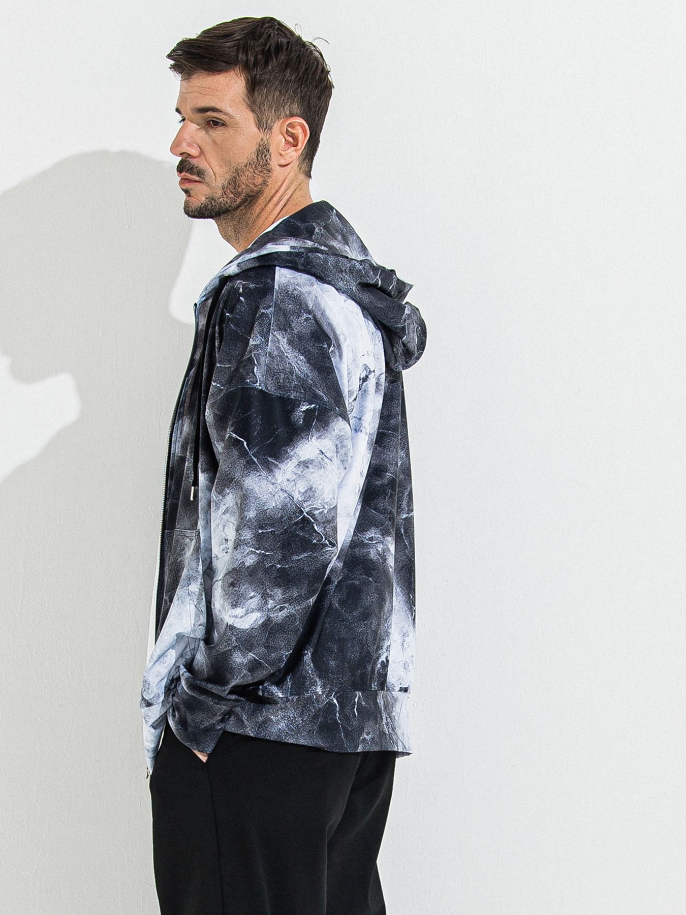 【予約品 】RASH OVER ZIPUP HOODIE / ラッシュガード オーバーサイズジップアップパーカー / マーブルブラック