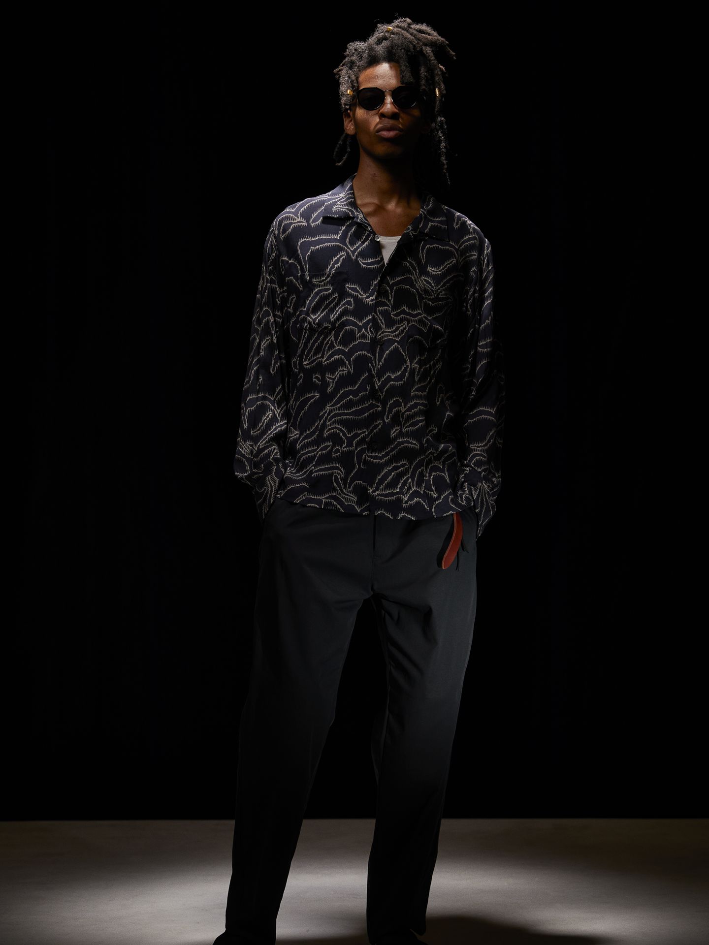 Printed Cupra Rayon L/S Open Collar Shirt / プリント L/S 開襟シャツ / ネイビー