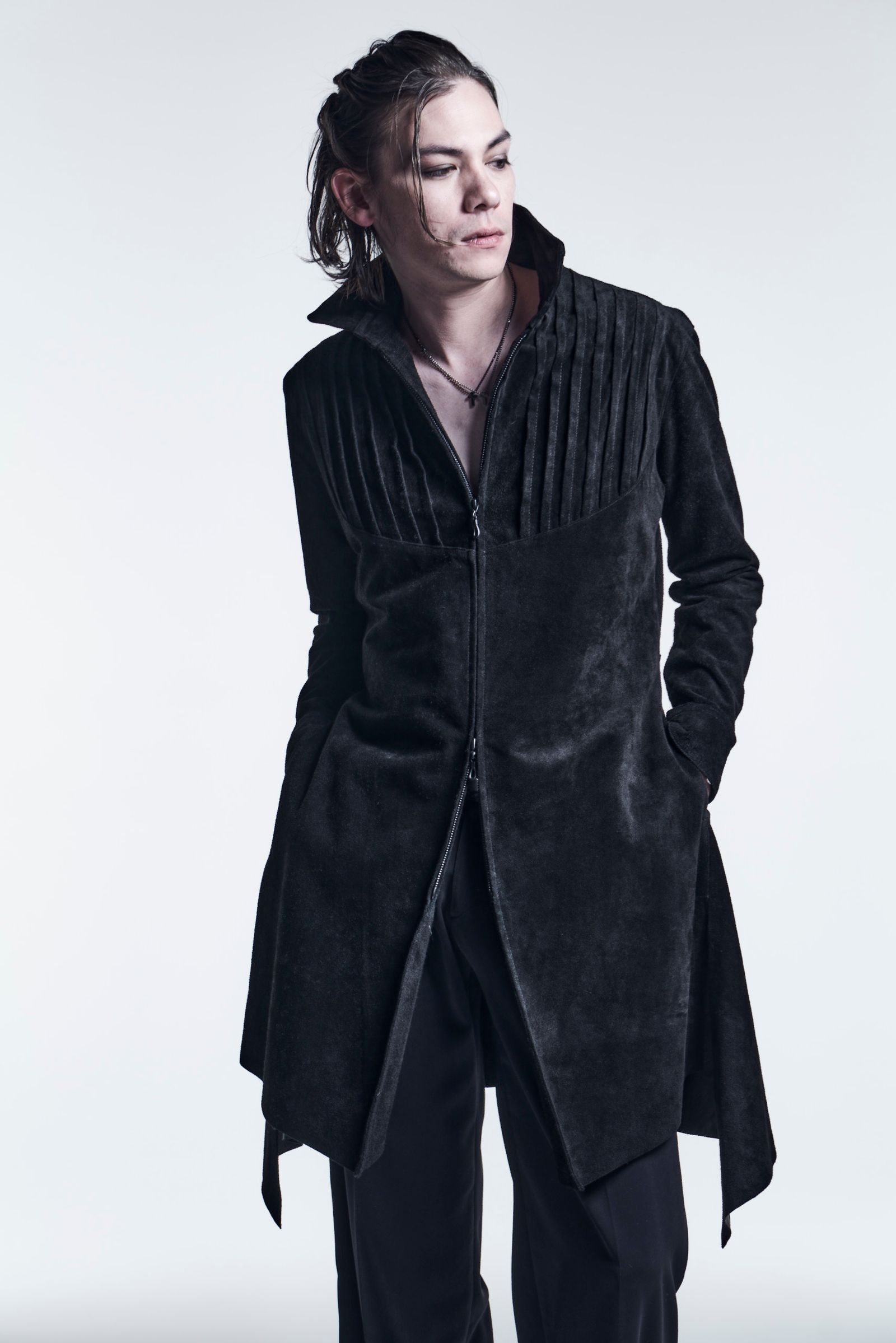 PinTuckLeatherFlareShirts SuedeCowLeather / Black 【kiryuyrik】