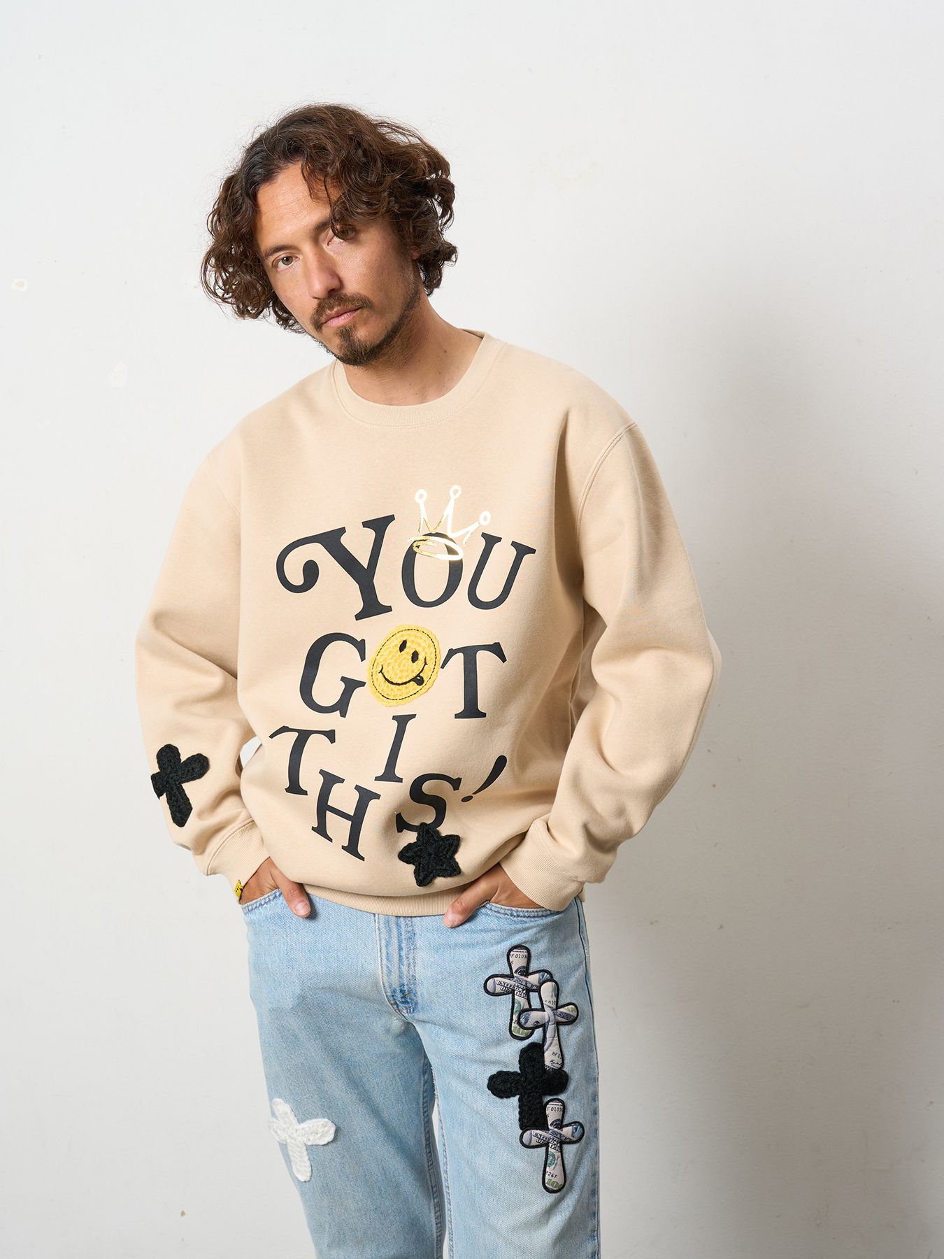 【予約品 5月8日(木) AM10時 締切】 TC裏毛起毛 YOU GOT THIS マルチパッチワークスウェットシャツ / ベージュ