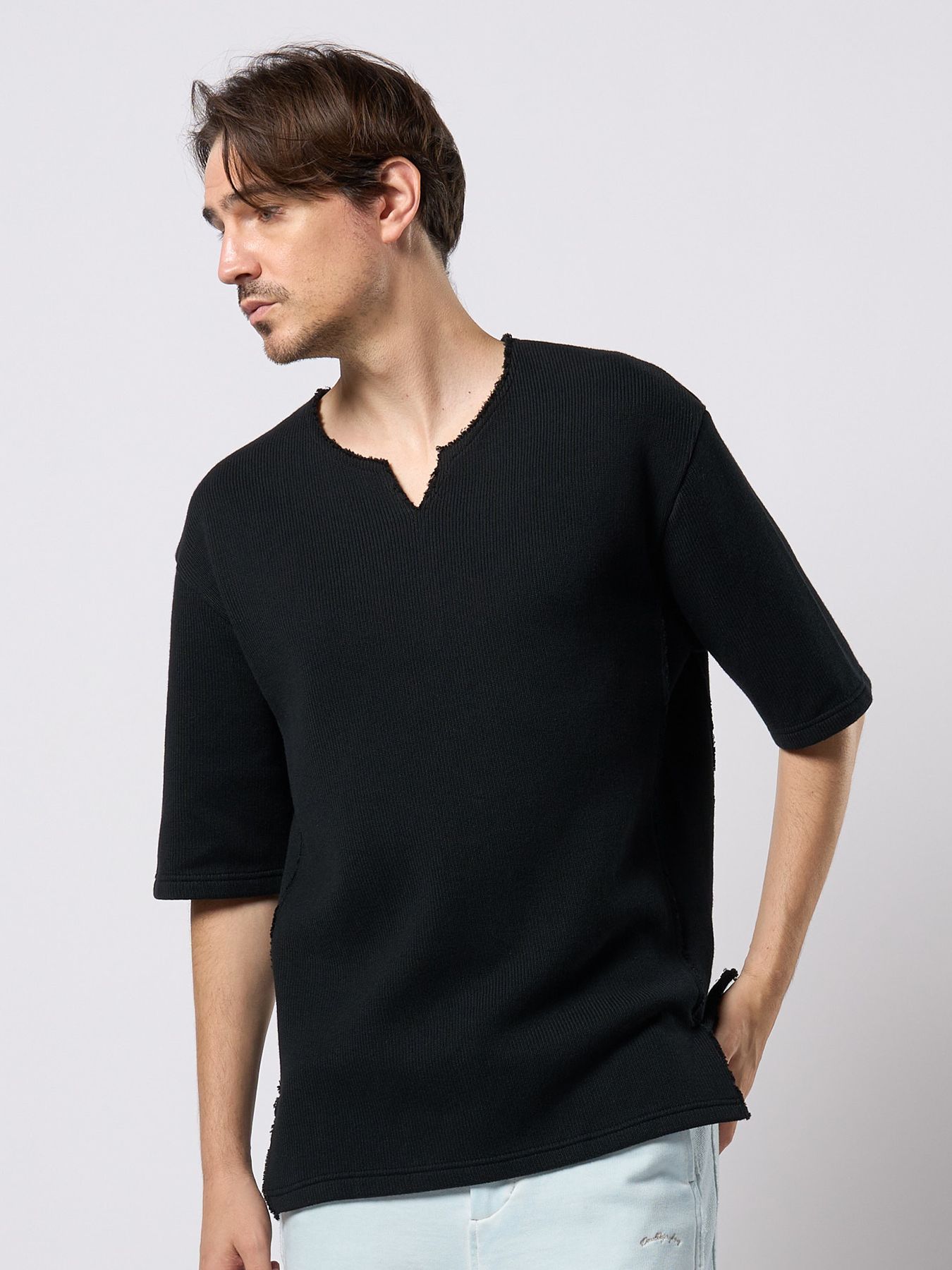 【予約品 9月23日(火) 締切】quarter-knit key neck H/S / クォーターニット キーネック ハーフスリーブ / ブラック