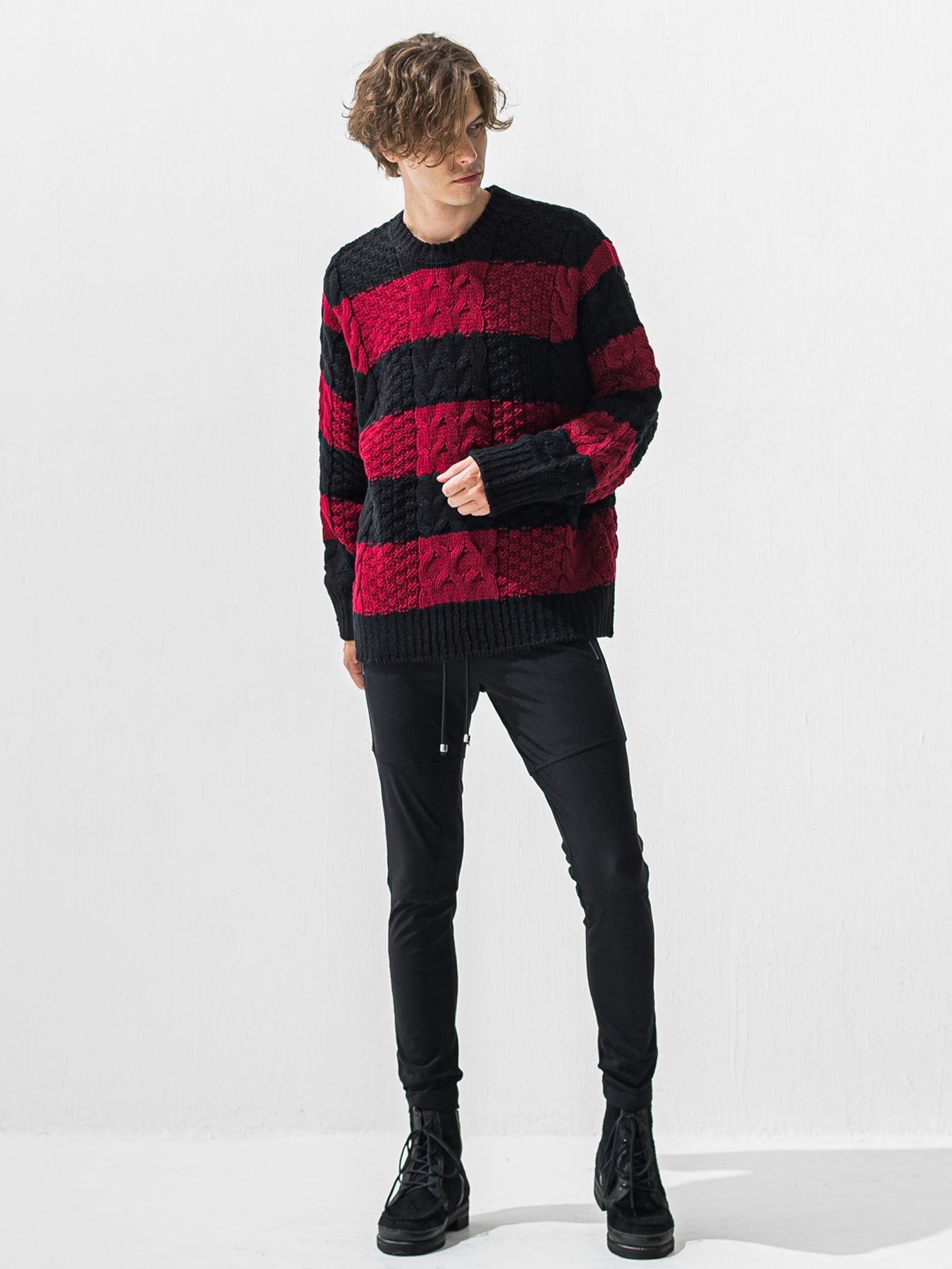【予約品 9月6日(日) 締切】CABLE LAW SWEATER / ケーブル編みローゲージセーター / ブラック×レッド