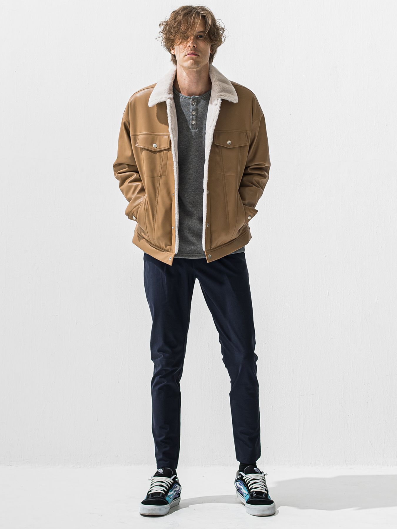 【予約品 9月6日(日) 締切】VELOURS FLEECE THERMAL HENRY / 裏起毛ハニカムサーマルヘンリーネック / グレー